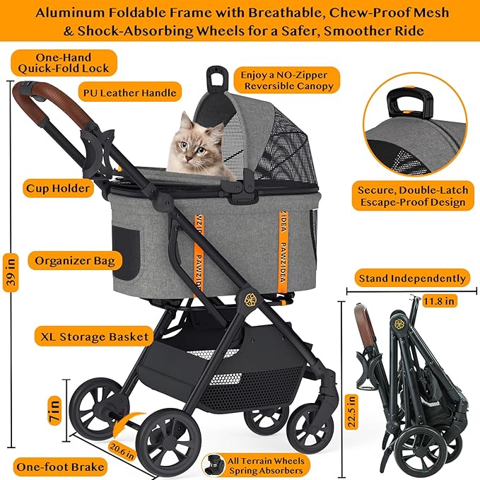 PAWZIDEA Pet Stroller 4 in 1, Dog Strollers for Small/Medium Dogs with Detachable Carrier Easy Lock Canopy, Seatbelt Puppy Car Seat, Cozy House, Foldable &amp; Lightweight Jogger Cat Stroller, 4 Wheels