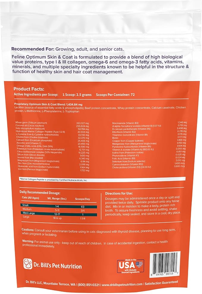 Dr. Bill’s Feline Optimum Skin &amp; Coat – Fish Oil Omega-3 Fatty Acids for Cats Healthy Fur | Reduce Shedding and Hairballs with Biotin, Type I &amp; III Marine Collagen, Hyaluronic Acid, &amp; Folic Acid