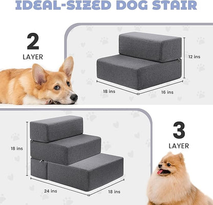 Foldable 18 Inch Wide Dog Stairs for Small Dogs, 12 Inch Height Foam Dog Steps for Bed &amp; Couch, Linen Covered Pet Stairs for Dogs to Get on Bed, Indoor Foam Pet 2 Steps for for Cat and Puppy