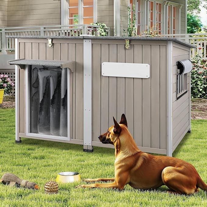 Weatherproof Outdoor Dog House, Wooden Puppy Shelter with Anti-Chewing Iron Frame and Elevated Floor, Sturdy Dog Kennel for Small, Medium &amp; Large Dogs, Grey (Gray, 51" L x 29" W x 32" H)