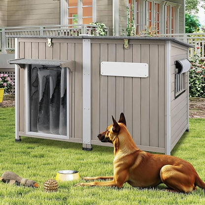 Weatherproof Outdoor Dog House, Wooden Puppy Shelter with Anti-Chewing Iron Frame and Elevated Floor, Sturdy Dog Kennel for Small, Medium &amp; Large Dogs, Grey (Gray, 51" L x 29" W x 32" H)