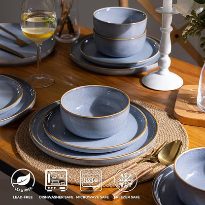 GBHOME Ceramic Dinnerware Sets for 6, 18 Pieces Stoneware Plates and Bowls Sets, Scratch Resistant Dish Sets for Dinner, Dishwasher &amp; Microwave Safe, Brunnera Blue