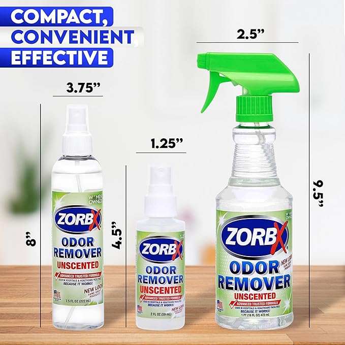 ZORBX Unscented Odor Eliminator for Strong Odor 16 Oz + 7.5 Oz + 2 Oz - Used in Hospitals &amp; Healthcare Facilities - Advanced Formula, Fast-Acting Odor Remover Spray for Dog, Cat, House &amp; Carpet