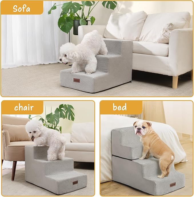Dog Stairs for Small Dogs &amp; Cats, 3-Step Extra Wide Non-Slip Pet Steps for Couch Sofa and Chair, Light Grey, 15.7" H