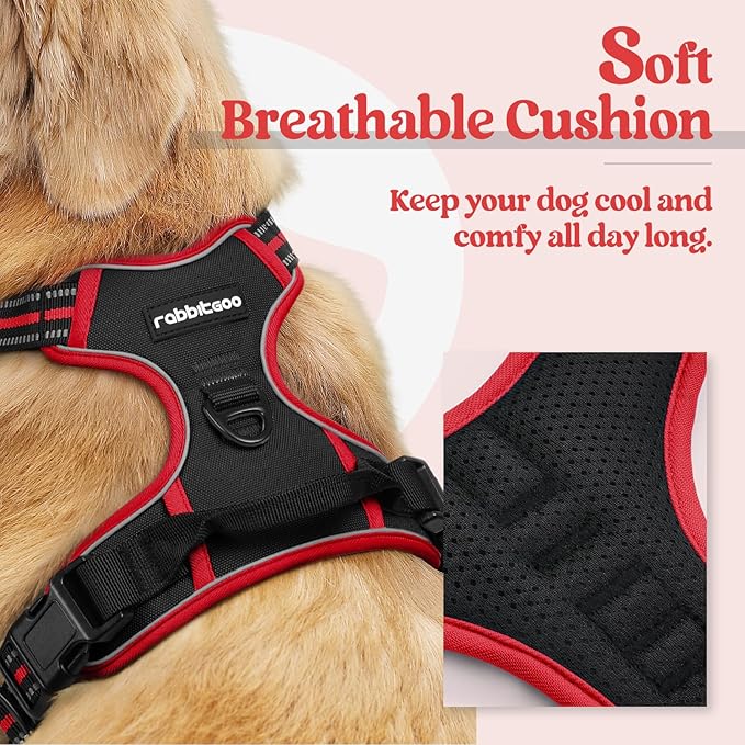 rabbitgoo Dog Harness No Pull with 2 Leash Clips, Adjustable Soft Padded, Reflective Oxford No Choke Pet Vest with Easy Control Handle for Large Dogs, Black &amp; Red, L