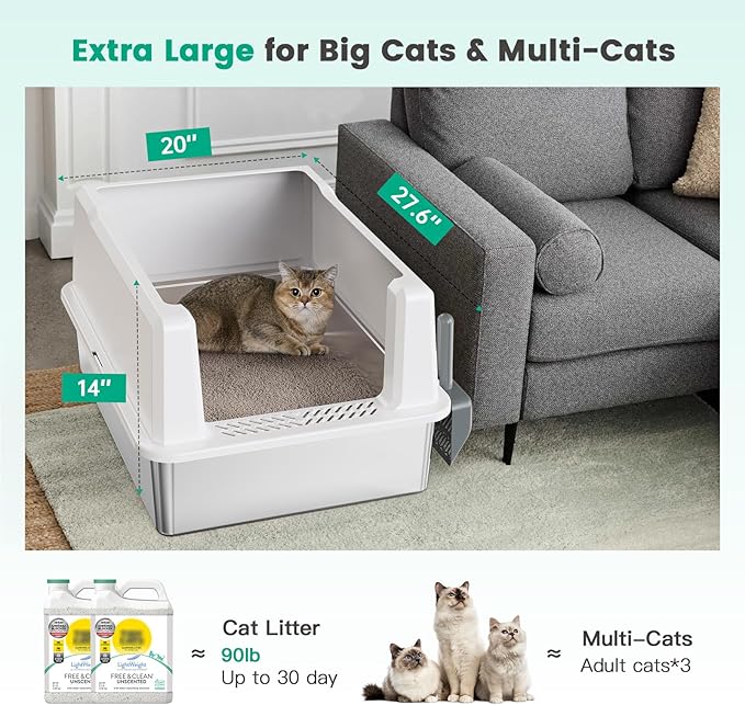 Tripamin XXL Stainless Steel Litter Box with High Sides 28"x20.5"x14" Extra Large Metal Litter Box for Big Cats&amp;Multiple cat, Jumbo Top Entry Litter Pan with lid (White, XXX-Large)