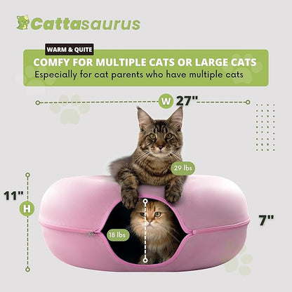 Cattasaurus Peekaboo Cat Cave for Multiple &amp; Large Cats Up to 30-45 Lbs, Scratch Detachable &amp; Washable Tunnel Bed, Comfy Donut Cat Cave (Pink, Jumbo)