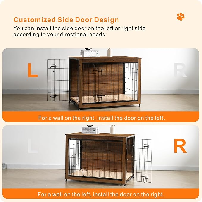 DWANTON Dog Crate Furniture with Cushion, Wooden Kennel Table with Double Doors, Indoor Dog House, Large Size, 38.5" L, Warm Brown