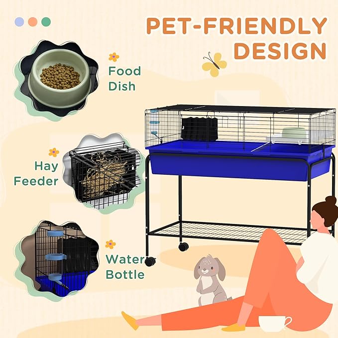 PawHut Two-Story Small Animal Cage Removable from Stand, Guinea Pig Cage with Shelf &amp; Wheels, Pet Habitat for Hedgehog, Chinchilla, Ferret, 39" x 20.5" x 36.5", Blue