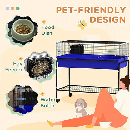 PawHut Two-Story Small Animal Cage Removable from Stand, Guinea Pig Cage with Shelf &amp; Wheels, Pet Habitat for Hedgehog, Chinchilla, Ferret, 39" x 20.5" x 36.5", Blue