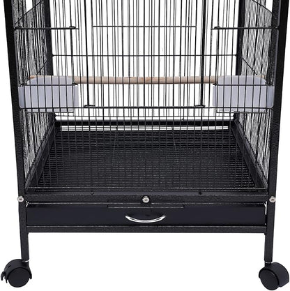 40-Inch Wrought Iron Bird Cage with Open-Top and Rolling Stand, Movable Parrot Cage Pet Bird Flight Cage, 360 Degree View Spacious Interactive Roof Pet Bird House for Medium&amp;Small Birds