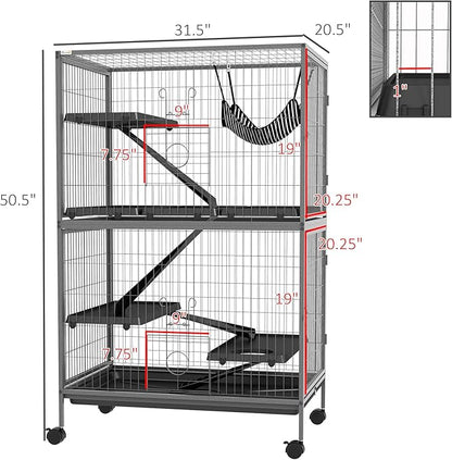 PawHut 50" 5-Tier Small Animal Cage, Ferret Cage, Large Chinchilla Cage with Hammock Accessory &amp; Heavy-Duty Steel Wire, Small Animal Habitat with 4 Doors, Removable Tray, Gray