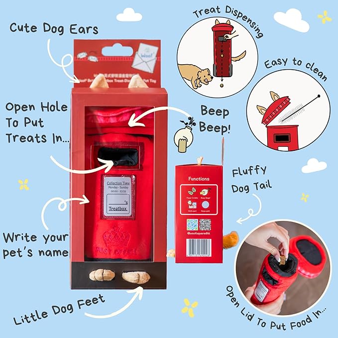 British Postbox Treat-Dispensing Soft Plush Squeaky Pet Toy - Iconic UK Enrichment Gift, Durable Cute &amp; Fun Toy for Interactive Play, Hide Food for Nose-Work Puzzle, Small Medium Dogs