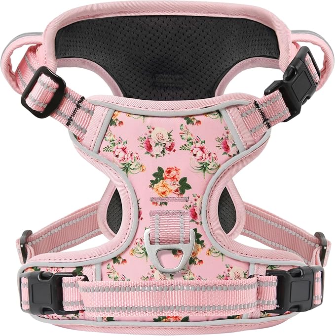 Timos No Pull Dog Harness,NO Need Go Over Dogs Head 3 Snap Buckles Reflective Oxford No Choke Harness with Front &amp; Back 2 Metal Leash Clips Soft Padded for Small Medium Large Dogs Pink S