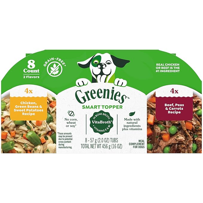 Greenies Smart Topper High Protein Wet Mix-in for Dogs, Chicken, Green Beans, and Sweet Potatoes Recipe &amp; Beef, Peas, and Carrots Recipe Variety Pack, 8 Trays of 2oz.