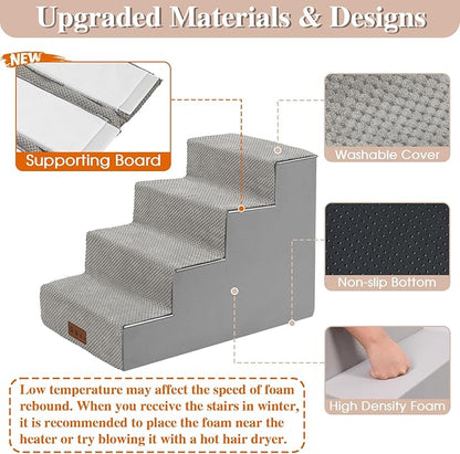 GGIB Non-Slip Pet Stairs for Small Dogs &amp; Cats - 4-Step, Removable Washable Cover, Light Grey, 17" H
