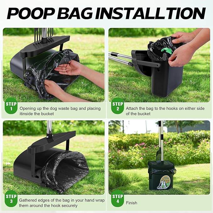 UPSKY Dog Pooper Scooper Swivel Bin &amp; Rake Kit with 100 Waste Bags,33.4" Stainless Steel Long Handle Heavy Duty Pet Poop Shovel for Large Medium Small Dogs, Odor-Proof Lid for Yard/Lawn/Outdoor Use