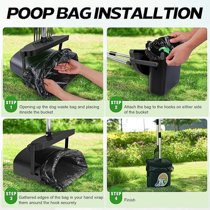 UPSKY Dog Pooper Scooper Swivel Bin &amp; Rake Kit with 100 Waste Bags,33.4" Stainless Steel Long Handle Heavy Duty Pet Poop Shovel for Large Medium Small Dogs, Odor-Proof Lid for Yard/Lawn/Outdoor Use