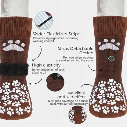 EXPAWLORER Anti Slip Dog Socks to Prevent Licking Paws, Dog Shoes for Hot Pavement, Dog Booties for Small Medium Large Senior Dogs, Traction Control Boots &amp; Paw Protectors for Hardwood Floors Coffee