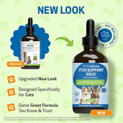 Pet Wellbeing Itch Support Gold for Cats - Occasional Itching, Scratching, and Hot Spots, Environmental and Seasonal Allergies, Dong Quai - Veterinarian-Formulated Herbal Supplement 4 oz (118 ml)
