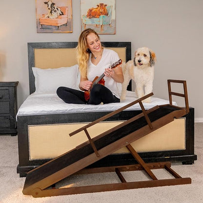 Dog Ramp for Bed, 5 Level Adjustable Dog Ramp for High Beds, Upgrade Rubber Mat High Traction Ramp with Safety Rails, Folding Pet Ramp for Bed, Couch,SUV, Natural Wood Pet Ramp for Small &amp; Old Dogs