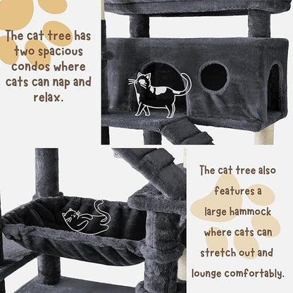 Cat Tree, 80-Inch Large Cat Tower with 9 Scratching Posts, 2 Perches, 2 Caves, 2 Basket, 2 Stairs, Extra Large Hammock, Pompoms, Multi-Level Plush Cat Condo for Indoor Cats/Smoky Grey
