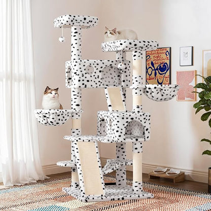 SHA CERLIN 65in Larger Cat Tree Tower Condo for Indoor Kitties/Multi-Level Furniture Activity Center with Wide Base/Cozy Plush Perches/Baskets/Sisal Scratching Posts and Hammock/White &amp; Black Spot