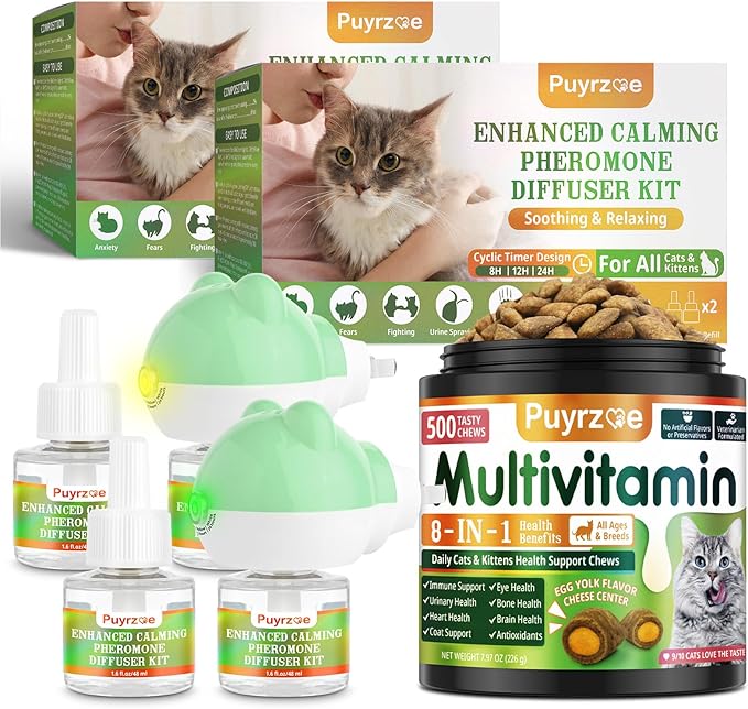 Cat 6-in-1 Calming Diffuser + Multivitamin 500 Chews for Cats – Stress Relief, Immune, Skin &amp; Coat, Digestion, Brain &amp; Bone Health for All Cats, 2 Diffusers + 4 Refills