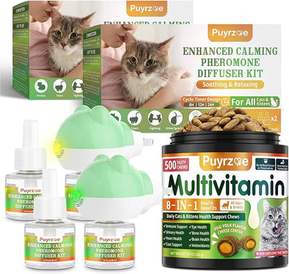 Cat 6-in-1 Calming Diffuser + Multivitamin 500 Chews for Cats – Stress Relief, Immune, Skin &amp; Coat, Digestion, Brain &amp; Bone Health for All Cats, 2 Diffusers + 4 Refills