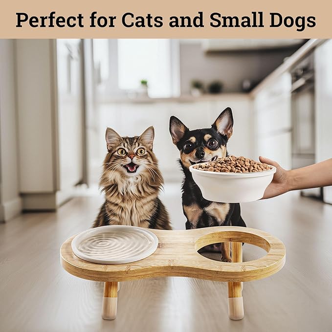 Elevated Cat Bowls - Set of 2 Ceramic Pet Food Bowls with Anti-Slip Bamboo Stand - 15 Degree Titled - Raised Dog Bowl for Small Dogs - Raised Cat Bowl Stand - Pet Feeding Station for Cats &amp; Small Dogs