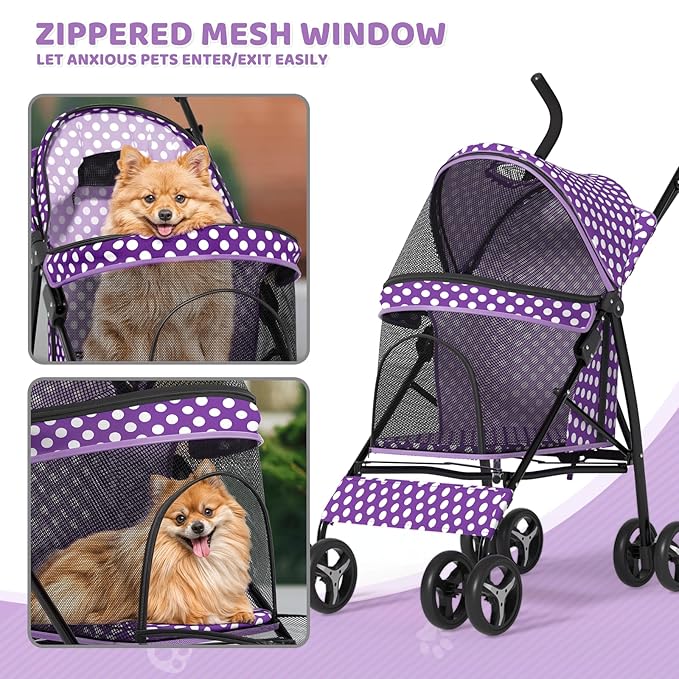 Magshion Compact Pet Stroller for Small-Medium Dogs/Cats up to 22lbs, 4-Wheel Lightweight Umbrella Shaped Portable Puppy Travel Jogger with Breathable Mesh &amp; Rear Storage, Purple Polka Dots