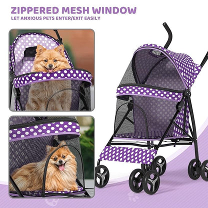 Magshion Compact Pet Stroller for Small-Medium Dogs/Cats up to 22lbs, 4-Wheel Lightweight Umbrella Shaped Portable Puppy Travel Jogger with Breathable Mesh &amp; Rear Storage, Purple Polka Dots