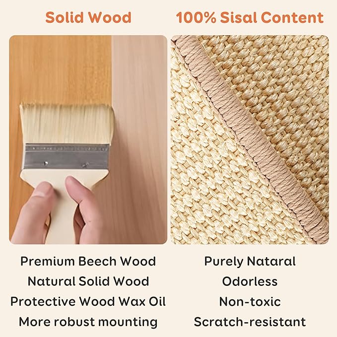 Sisal Cat Scratcher Bed, Beech Wood Cats Hammock,Cat Scratch Pad Indoor cat Toy,Durable Cat Scratching Post, Furniture Protector for Cats&
