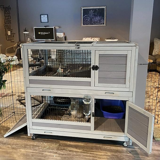 Aivituvin Rabbit Hutch Rabbit Cage Outdoor &amp; Indoor on Wheels Bunny cage with Deep No Leak Pull Out Tray,Upgrade Version (Gray)