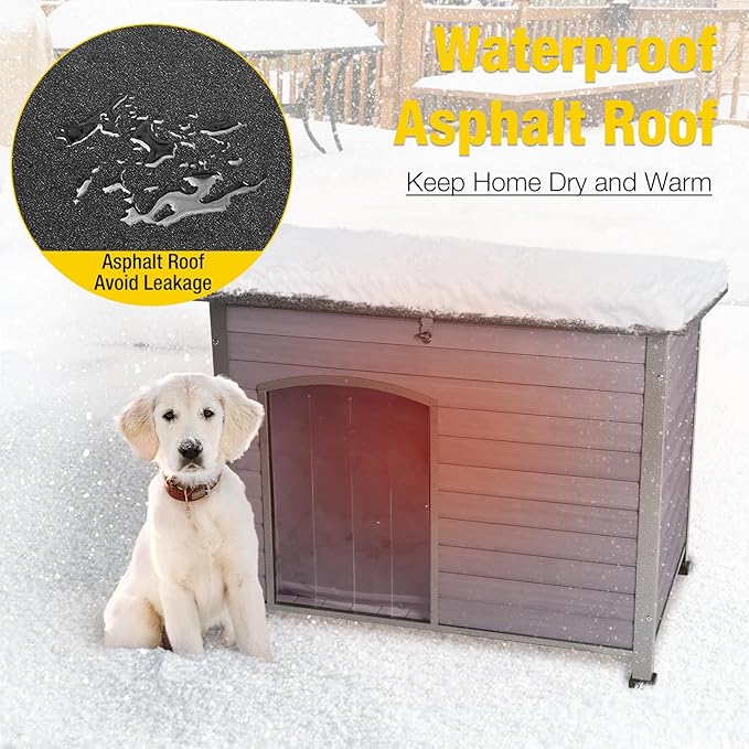 Aivituvin Dog House with Insulated Liner, Outdoor Indoor Weatherproof Dog House for Winter, Suitable for Small &amp; Medium &amp; Large Dogs with Unique All-Around Iron Frame(Grey)