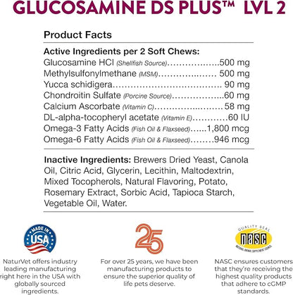 NaturVet – Glucosamine DS Plus - Level 2 Moderate Care – Supports Healthy Hip &amp; Joint Function – Enhanced with Glucosamine, MSM &amp; Chondroitin – for Dogs &amp; Cats–70 Soft Chews
