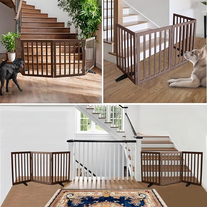 ZJSF Freestanding Indoor Dog Gate for House Foldable Wood Puppy Gate for Doorways Pet Gate for Stairs Extra Wide Pet Fence, Brown, 24" Height 4 Panels