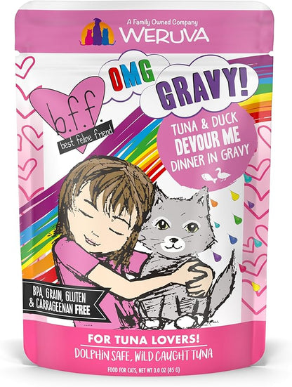 Weruva B.F.F. OMG - Best Feline Friend Oh My Gravy!, Tuna &amp; Duck Devour Me with Tuna &amp; Duck in Gravy Cat Food, 3oz Pouch (Pack of 12)