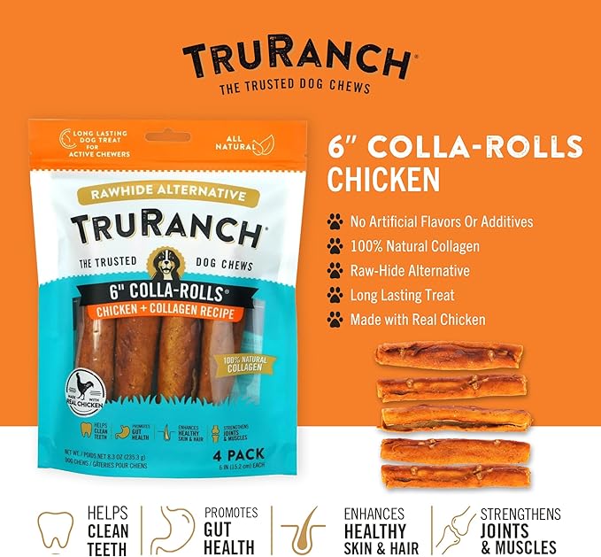 Collagen Rolls - 6" Collagen Rolls for Dogs - Long Lasting Healthy Joint Support - Rawhide Alternative - Skin &amp; Coat Health - Made with Real Chicken, Value Pack, 3 Bags, 12 Count