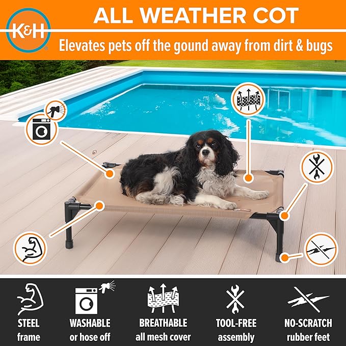 K&amp;H Pet Products Cooling Elevated Dog Bed, Outdoor Raised Cot with Waterproof Breathable Mesh for Medium Dogs, Portable Place Bed with Heavy-Duty Metal Frame &amp; Hammock Style Cover - Medium Tan
