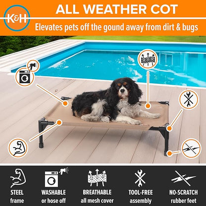 K&amp;H Pet Products Cooling Elevated Dog Bed, Outdoor Raised Cot with Waterproof Breathable Mesh for Medium Dogs, Portable Place Bed with Heavy-Duty Metal Frame &amp; Hammock Style Cover - Medium Tan