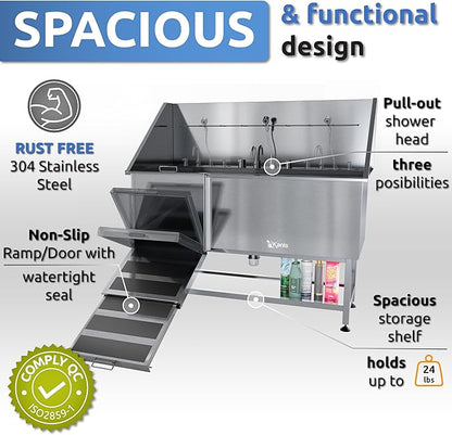 KANIS Professional Dog Washing Station - 304 Stainless Steel Pet Wash Sink &amp; Grooming Bath Tub for Home with Ramp, Shower, Floor Grate, Storage Shelf, Faucet, Drain Kit for Large, Medium &amp; Small Pets