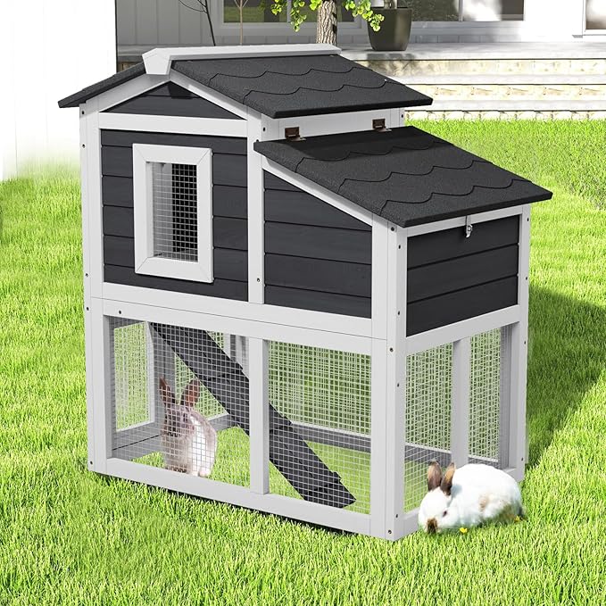 2 Story Rabbit Cage, Weatherproof Rabbit Hutch Indoor &amp; Outdoor, Wooden Guinea Pig Cages with Removable Tray Openable Roof for Small to Medium Animals