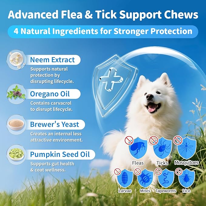 Dog Flea and Tick Support Chewable, Natural Dog Flea Comfort Supplement, Oral Chews with Neem, Oregano Oil, Pumpkin Seed Oil &amp; Brewer&