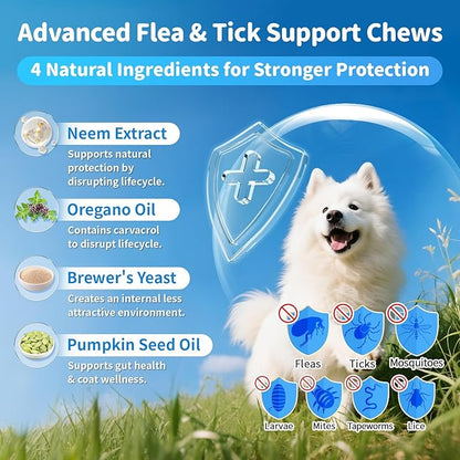 Dog Flea and Tick Support Chewable, Natural Dog Flea Comfort Supplement, Oral Chews with Neem, Oregano Oil, Pumpkin Seed Oil &amp; Brewer&