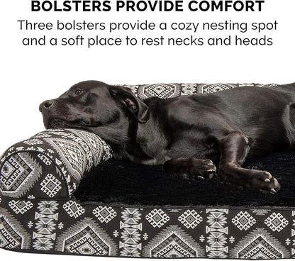 Furhaven Orthopedic Dog Bed for Large Dogs w/ Removable Bolsters &amp; Washable Cover, For Dogs Up to 95 lbs - Plush &amp; Southwest Kilim Woven Decor Sofa - Black Medallion, Jumbo/XL