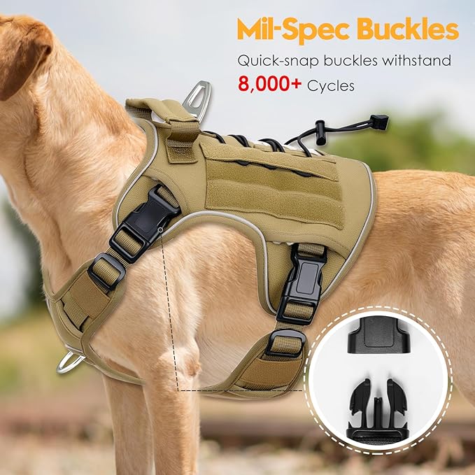 Heavy-Duty Tactical Dog Harness for Large Dogs, No Pull Adjustable Reflective Pet Vest with Molle System, K9 Military-Grade Control for Service Training, Outdoor &amp; 10+ Breeds, Khaki, X-Large