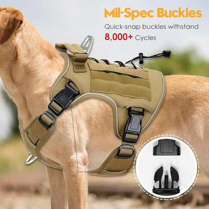 Heavy-Duty Tactical Dog Harness for Large Dogs, No Pull Adjustable Reflective Pet Vest with Molle System, K9 Military-Grade Control for Service Training, Outdoor &amp; 10+ Breeds, Khaki, X-Large