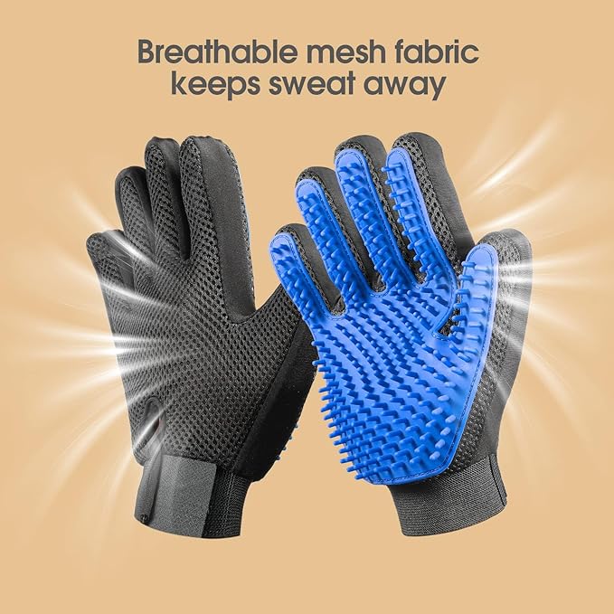 Upgrade Efficient Pet Hair Remover Gloves - Gentle Shedding Brushes for Dogs, Cats &amp; Horses with Long and Short Hair - 1 Pair (Blue)