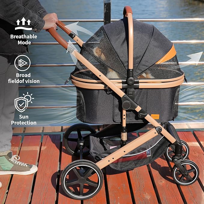 EchoSmile 4 in 1 Pet Stroller, Folding Lightweight Cat &amp; Dog Stroller with Detachable Carrier, NO-Zip 180° Reversible Canopy, All Terrain 4-Wheel,45 lbs Capacity for Small to Medium Dogs